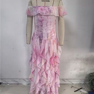 Off-Shoulder Pink Ruffle Cascade Maxi Dress